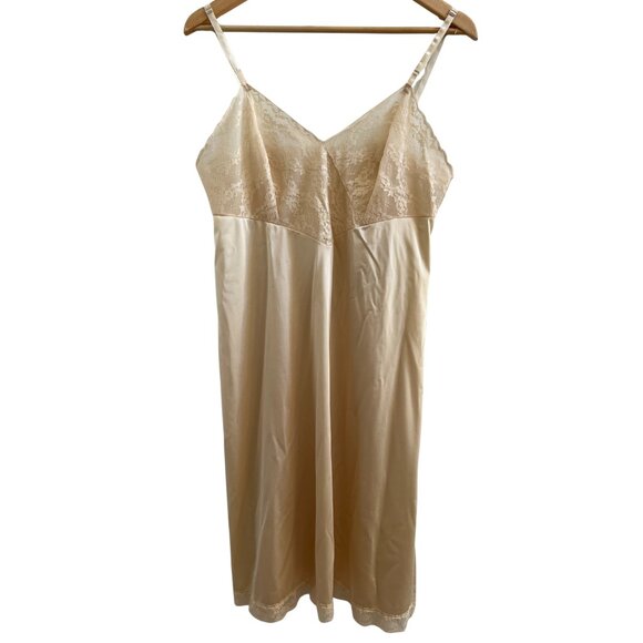 Vintage Vanity Fair 38" Bust Semi Sheer Floral Cream Nylon & Lace Slip Dress L - Picture 1 of 13